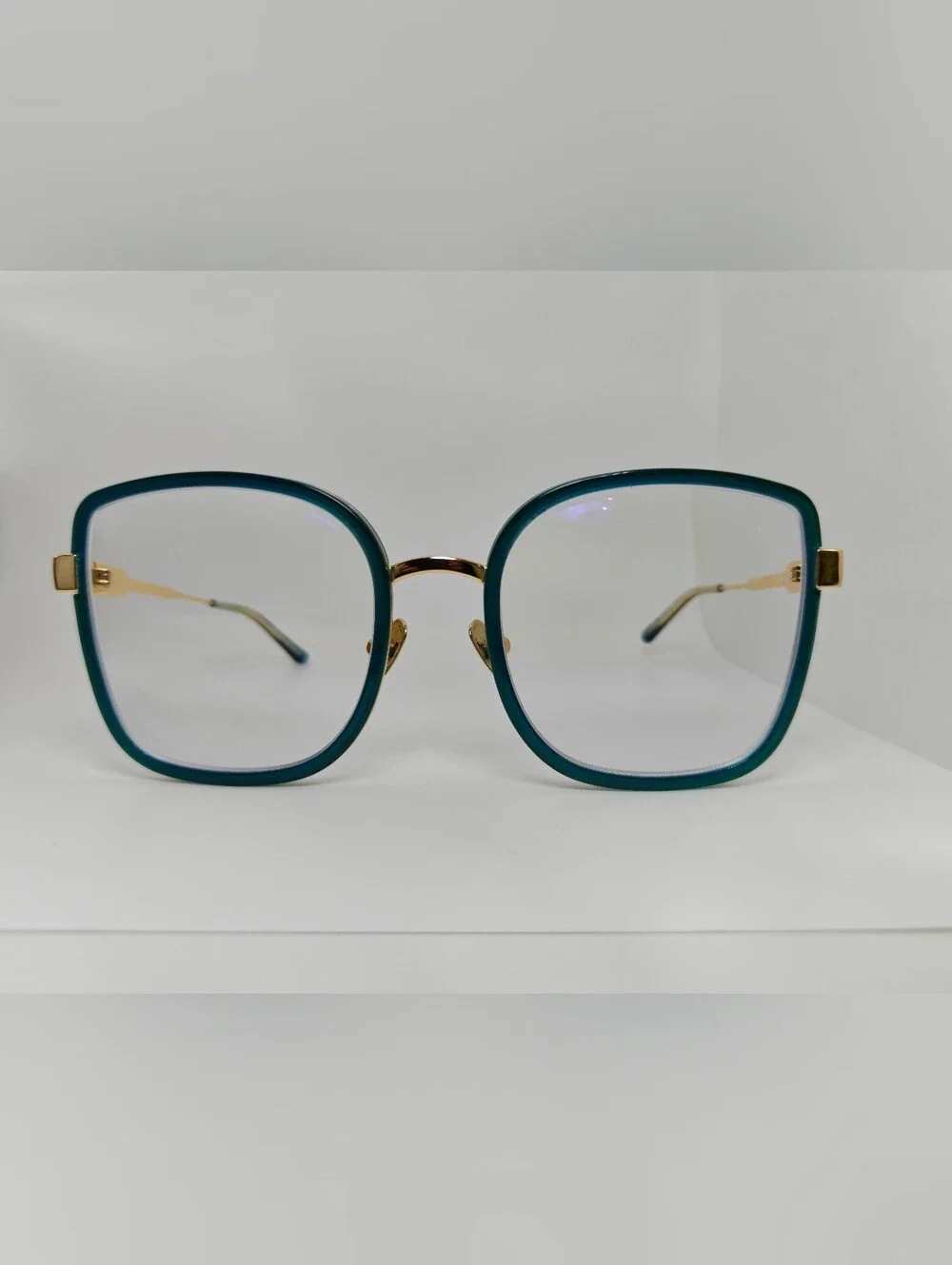 Margot. Stylish Teal Square Women's Eyewear with Gold Accents. Full Metal Frame.